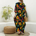 Sunflower Floral Pattern Print Silk V-Neck Kaftan Dress