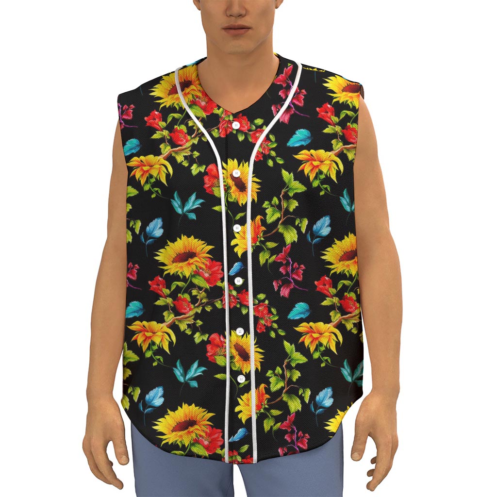Sunflower Floral Pattern Print Sleeveless Baseball Jersey