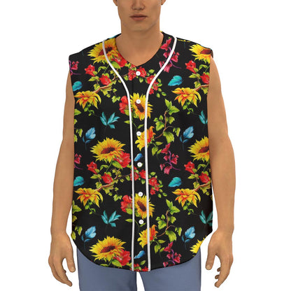Sunflower Floral Pattern Print Sleeveless Baseball Jersey