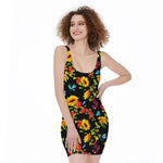 Sunflower Floral Pattern Print Sleeveless Bodycon Dress