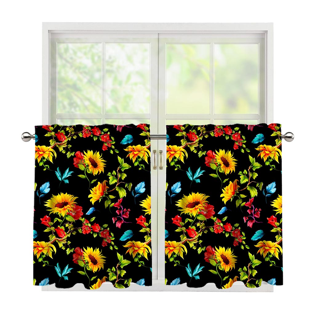 Sunflower Floral Pattern Print Tier Curtains