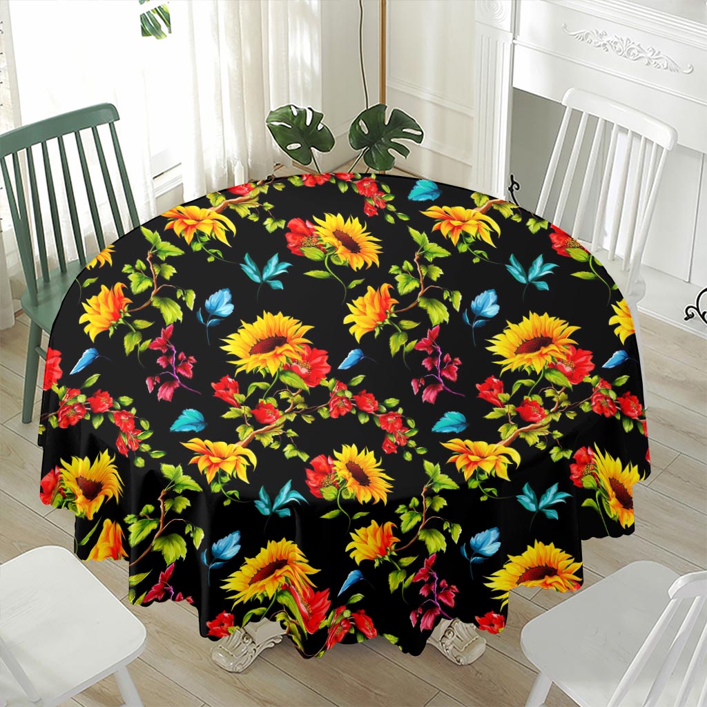 Sunflower Floral Pattern Print Waterproof Round Tablecloth
