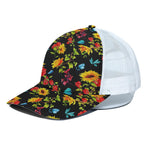 Sunflower Floral Pattern Print White Mesh Trucker Cap