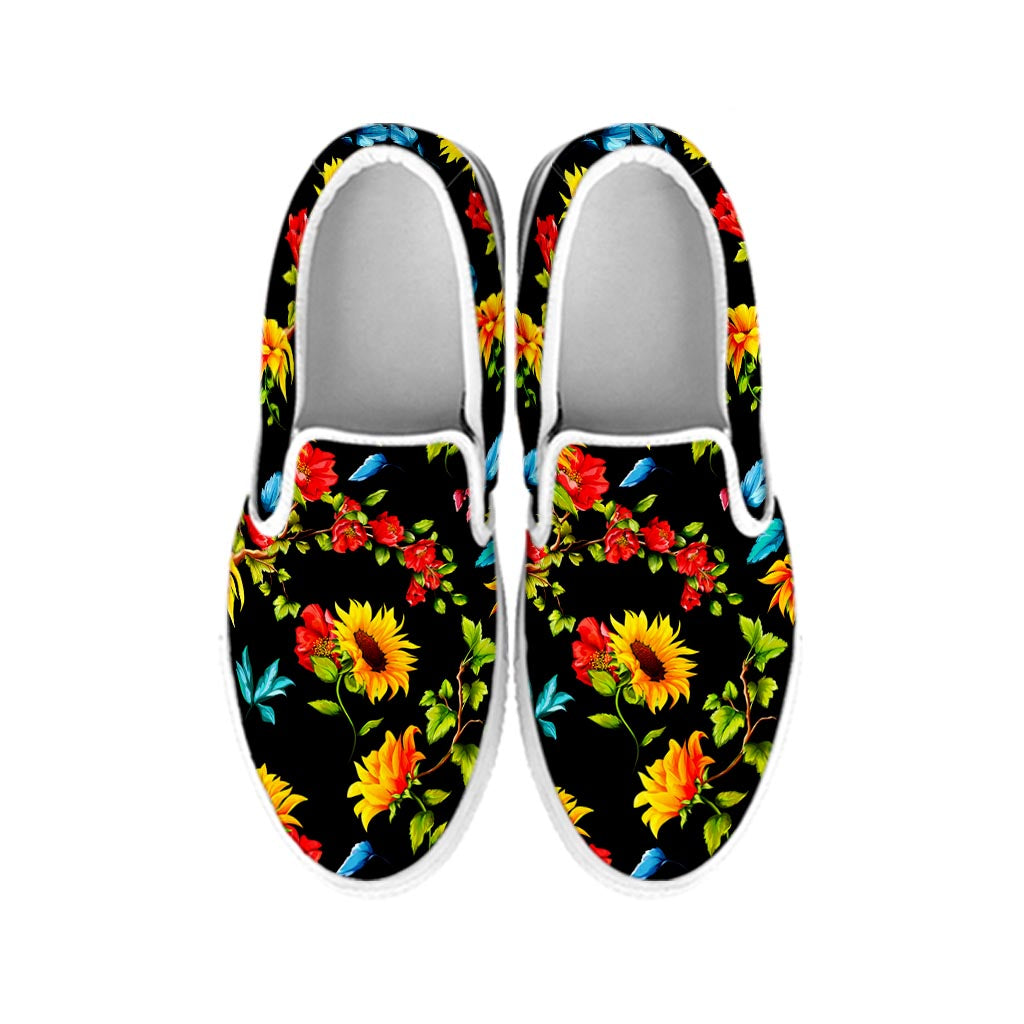 Sunflower Floral Pattern Print White Slip On Sneakers