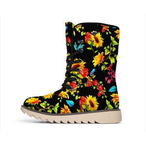 Sunflower Floral Pattern Print Winter Boots