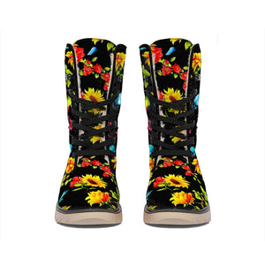 Sunflower Floral Pattern Print Winter Boots