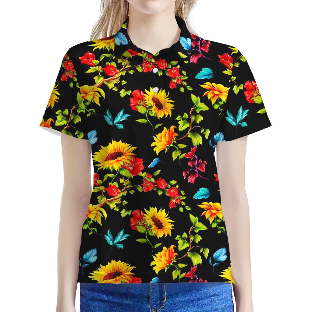 Sunflower Floral Pattern Print Women's Polo Shirt