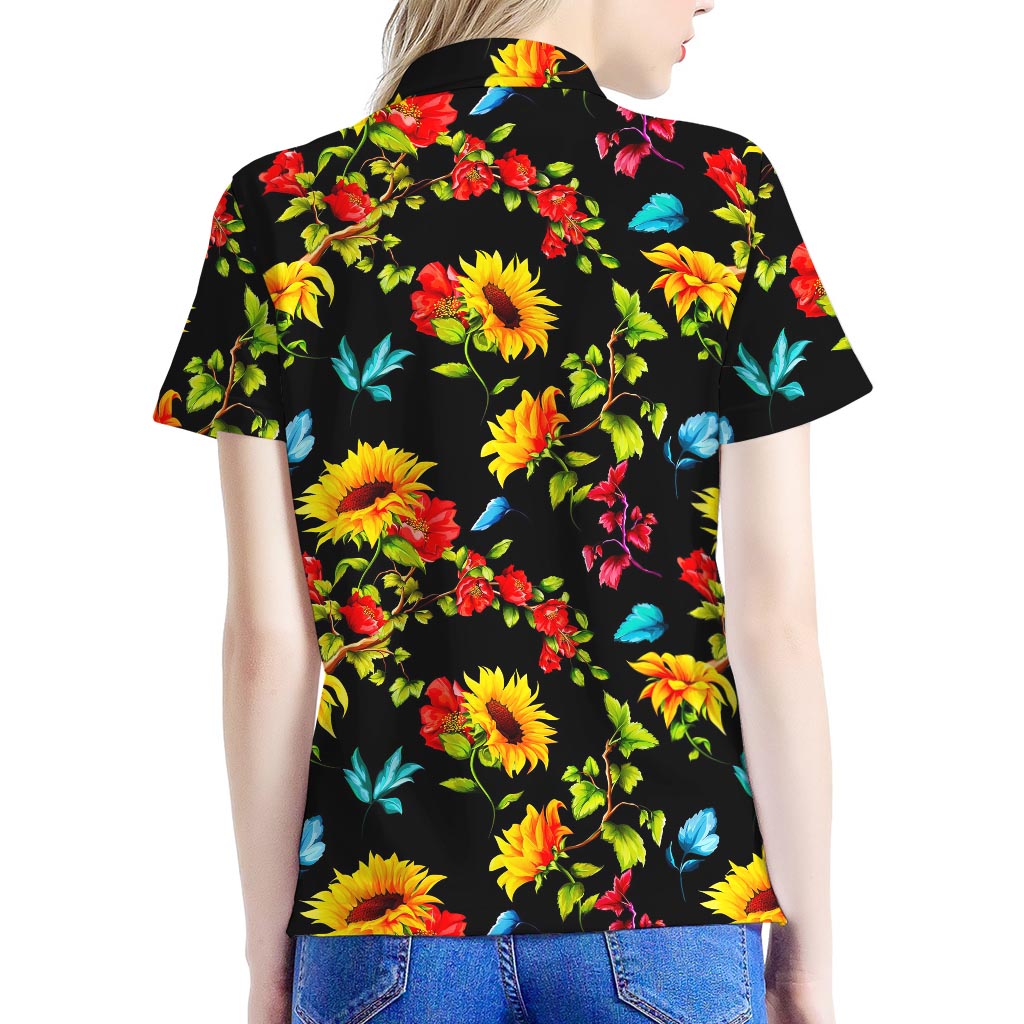 Sunflower Floral Pattern Print Women's Polo Shirt