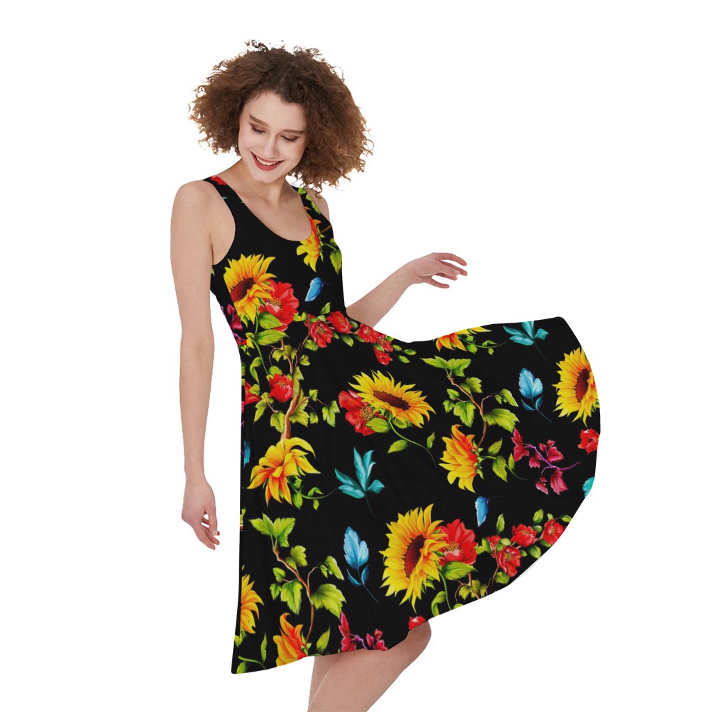 Sunflower Floral Pattern Print Women's Sleeveless Dress