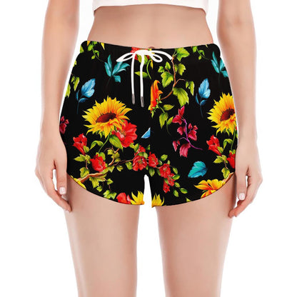 Sunflower Floral Pattern Print Women's Split Running Shorts