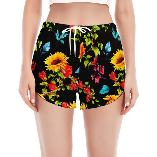 Sunflower Floral Pattern Print Women's Split Running Shorts