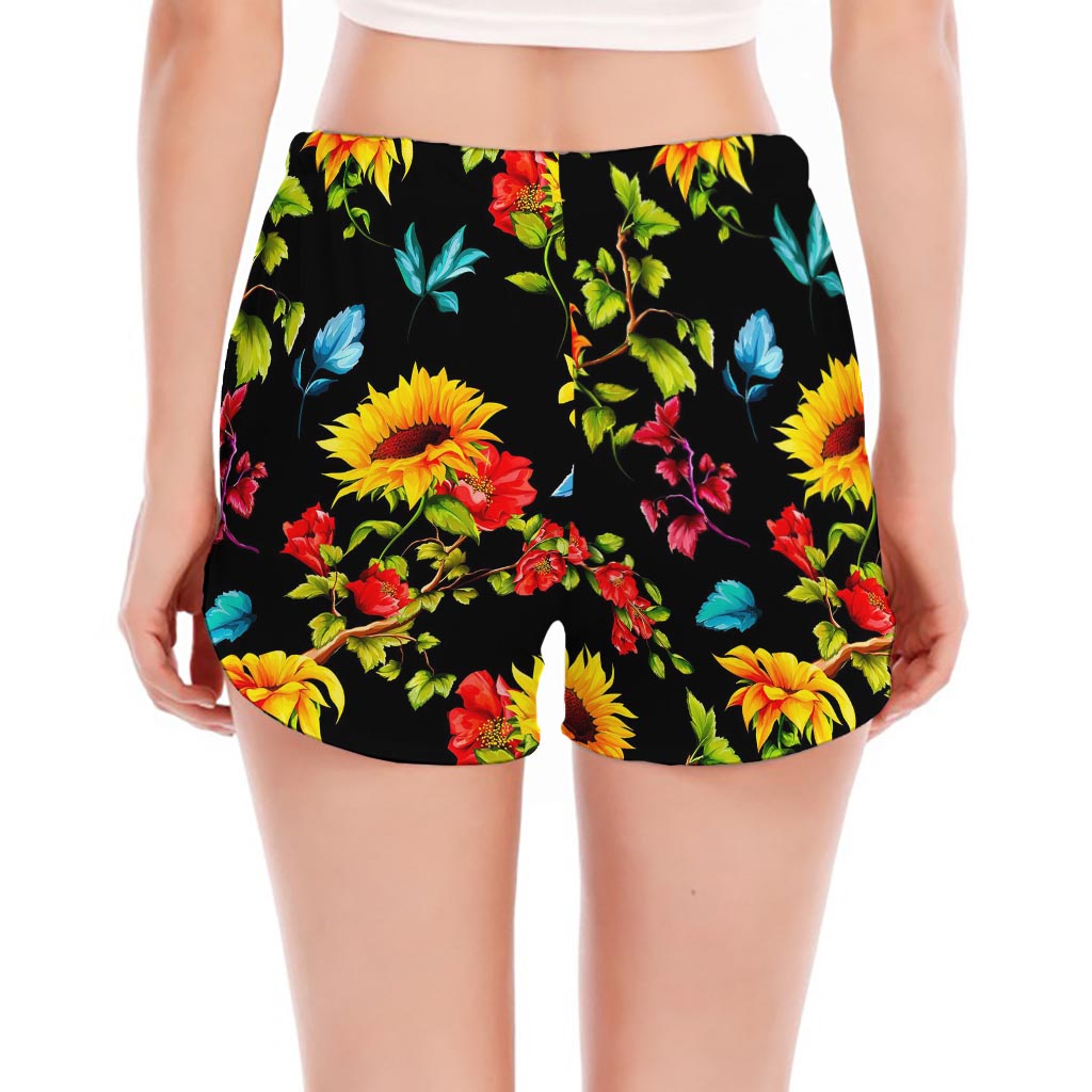 Sunflower Floral Pattern Print Women's Split Running Shorts