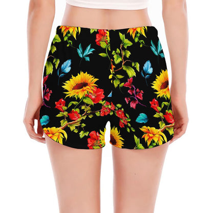Sunflower Floral Pattern Print Women's Split Running Shorts