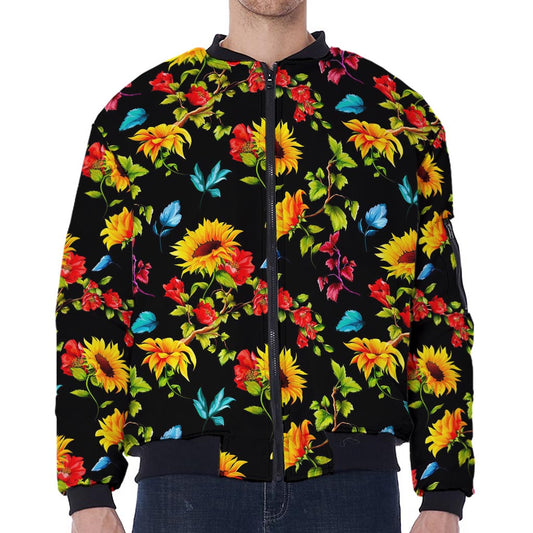 Sunflower Floral Pattern Print Zip Sleeve Bomber Jacket