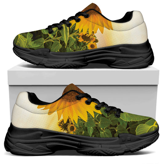 Sunflower Landscape Print Black Chunky Shoes