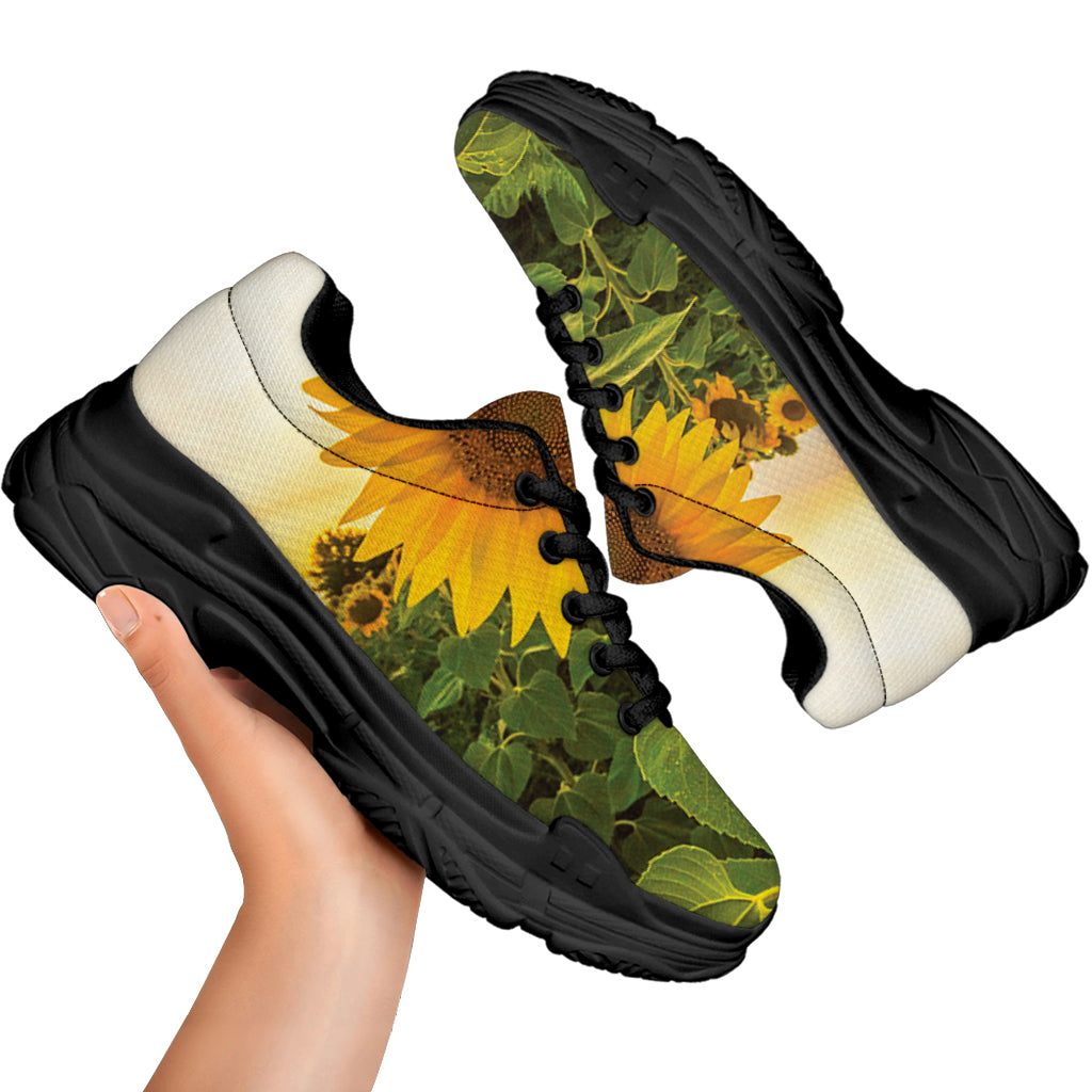 Sunflower Landscape Print Black Chunky Shoes