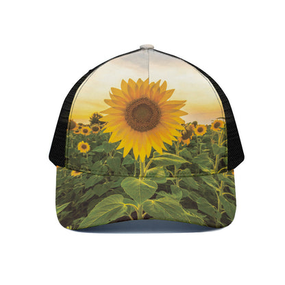 Sunflower Landscape Print Black Mesh Trucker Cap