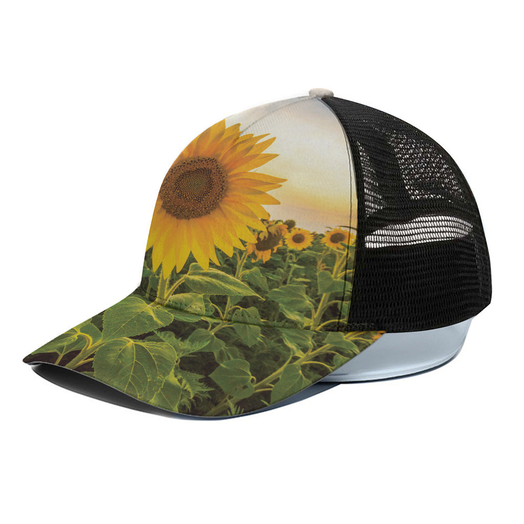Sunflower Landscape Print Black Mesh Trucker Cap