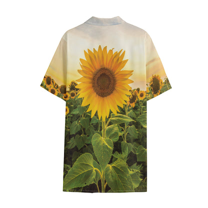 Sunflower Landscape Print Cotton Hawaiian Shirt