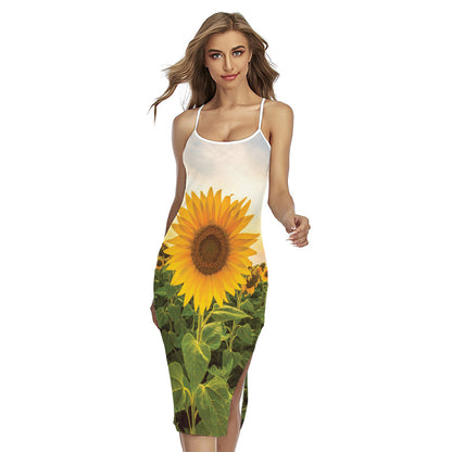 Sunflower Landscape Print Cross Back Cami Dress