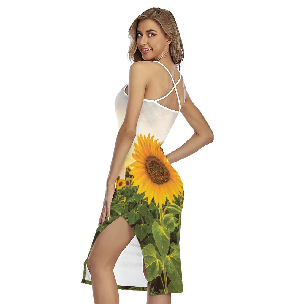 Sunflower Landscape Print Cross Back Cami Dress