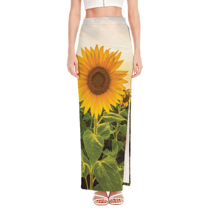 Sunflower Landscape Print High Slit Maxi Skirt