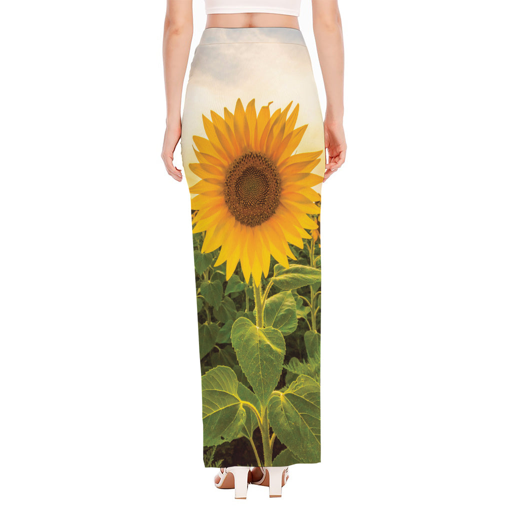 Sunflower Landscape Print High Slit Maxi Skirt