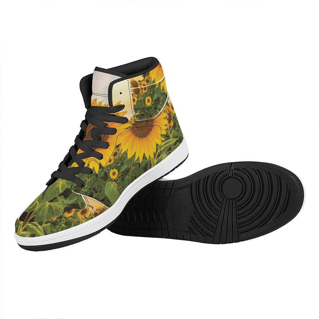 Sunflower Landscape Print High Top Leather Sneakers