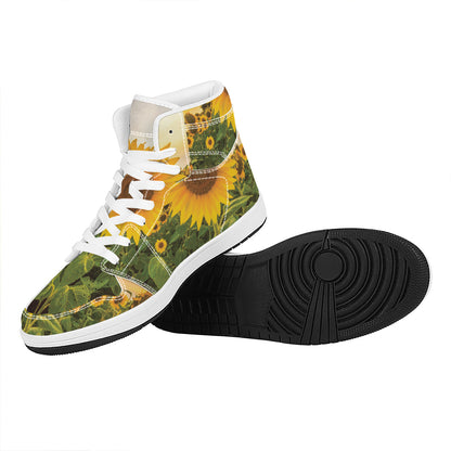 Sunflower Landscape Print High Top Leather Sneakers