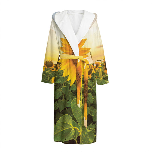Sunflower Landscape Print Hooded Bathrobe