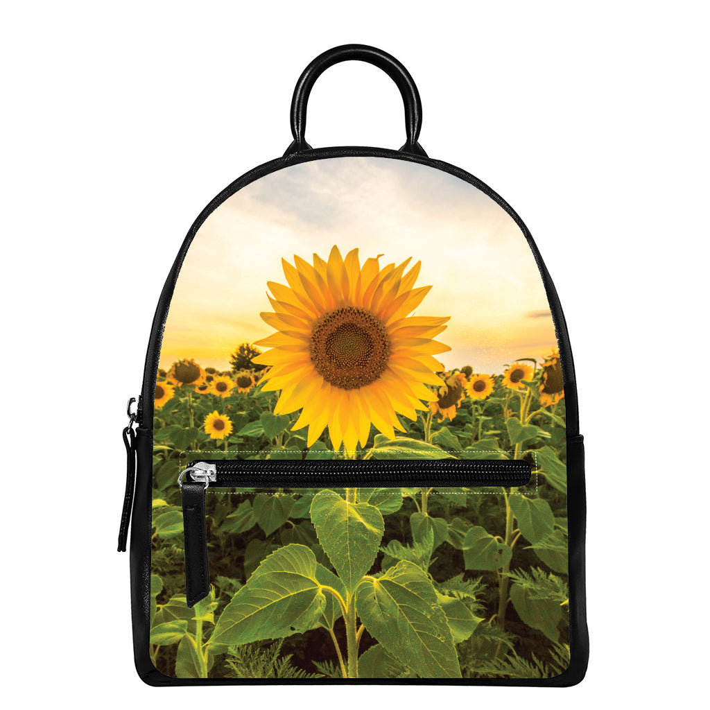 Sunflower Landscape Print Leather Backpack
