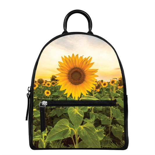 Sunflower Landscape Print Leather Backpack