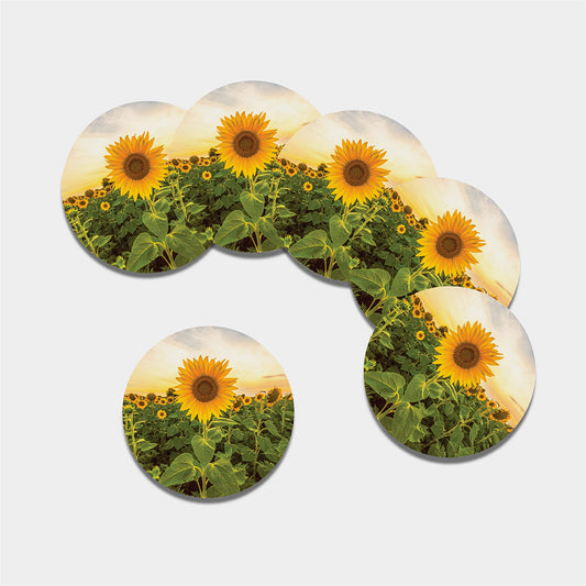 Sunflower Landscape Print Leather Coaster Set
