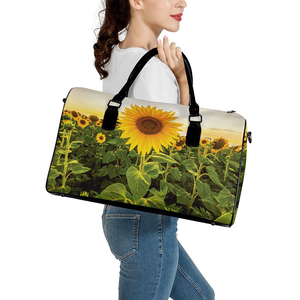 Sunflower Landscape Print Leather Duffle Bag