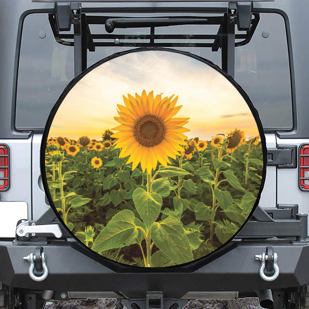 Sunflower Landscape Print Leather Spare Tire Cover