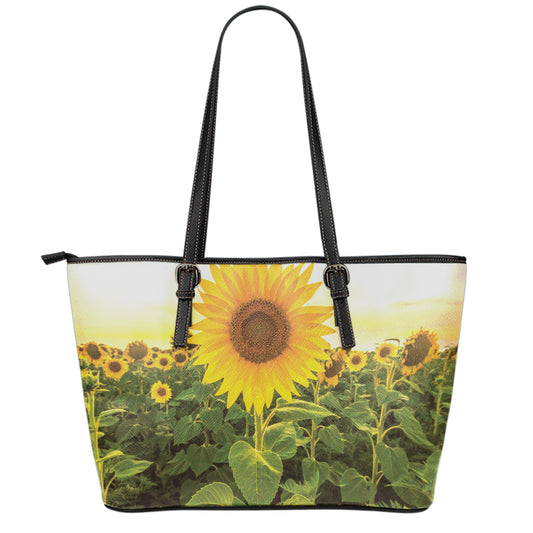 Sunflower Landscape Print Leather Tote Bag