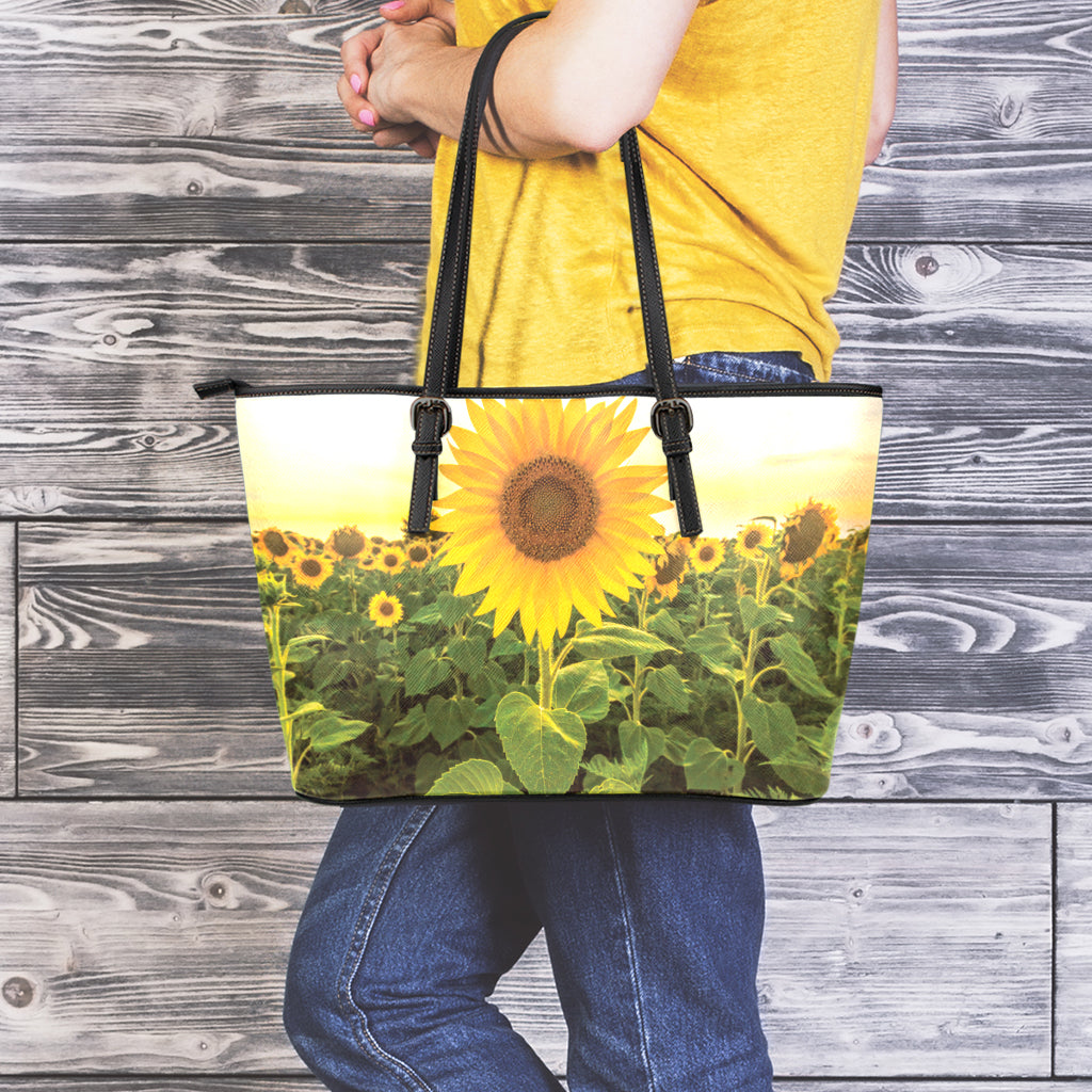 Sunflower Landscape Print Leather Tote Bag