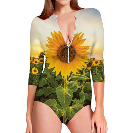 Sunflower Landscape Print Long Sleeve Swimsuit