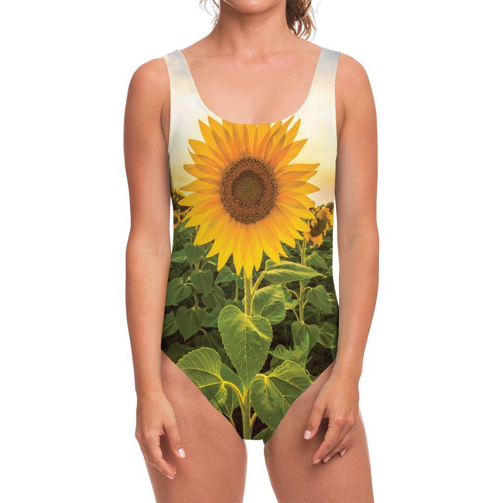 Sunflower Landscape Print One Piece Swimsuit