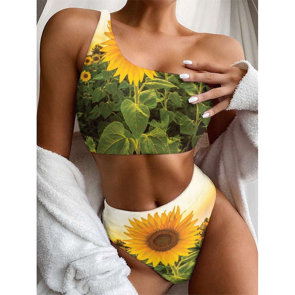 Sunflower Landscape Print One Shoulder Bikini Top