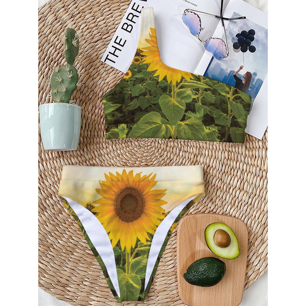 Sunflower Landscape Print One Shoulder Bikini Top