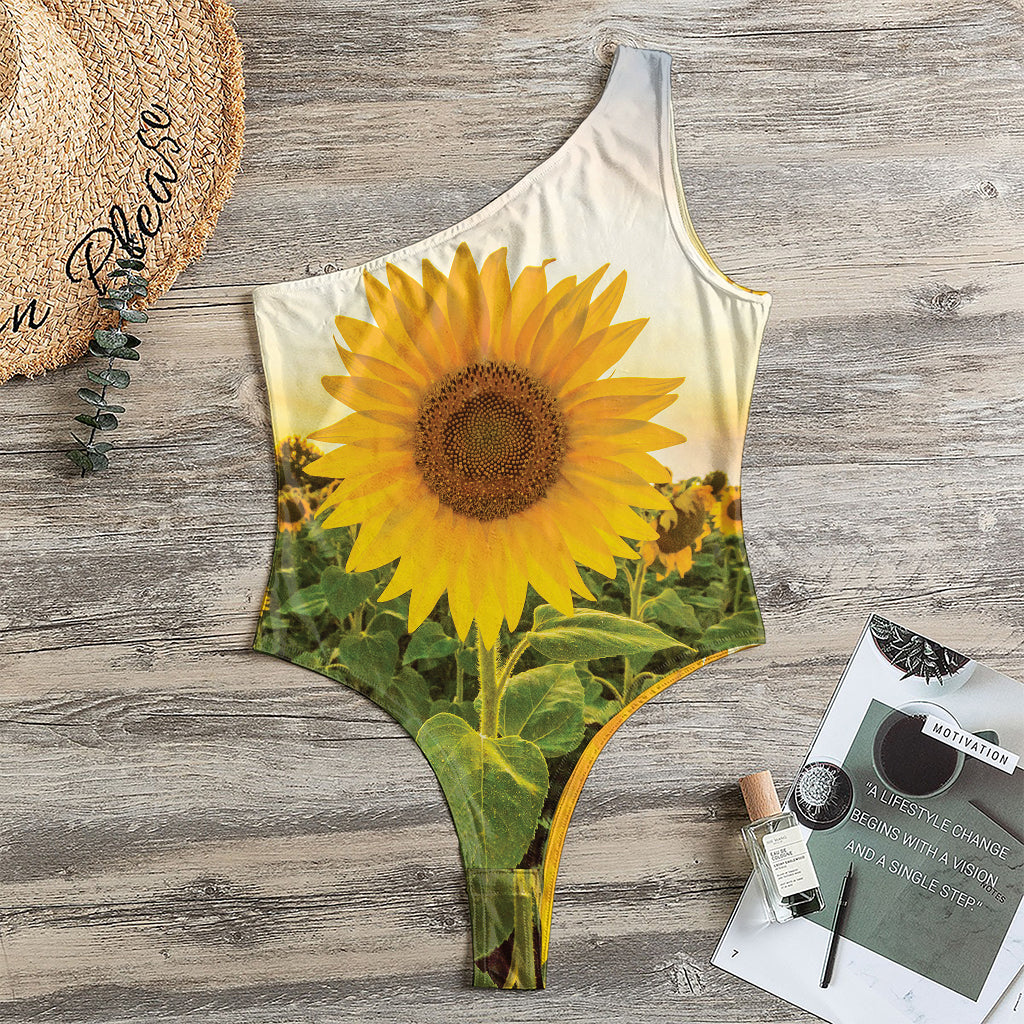 Sunflower Landscape Print One Shoulder Bodysuit