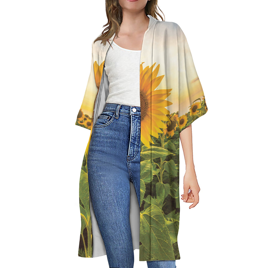 Sunflower Landscape Print Open Front Beach Cover Up