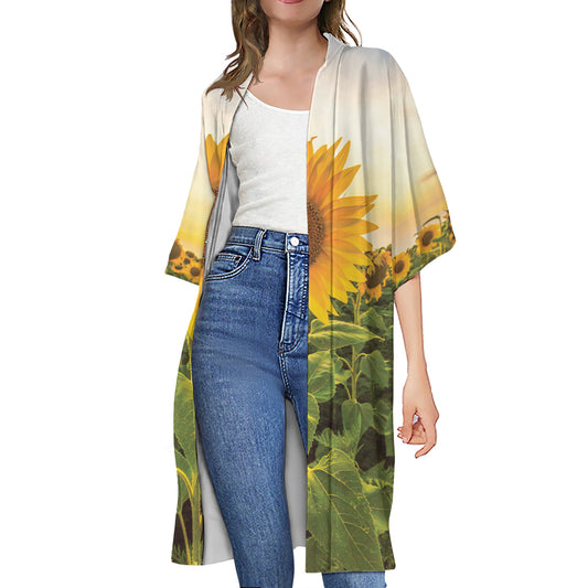 Sunflower Landscape Print Open Front Beach Cover Up