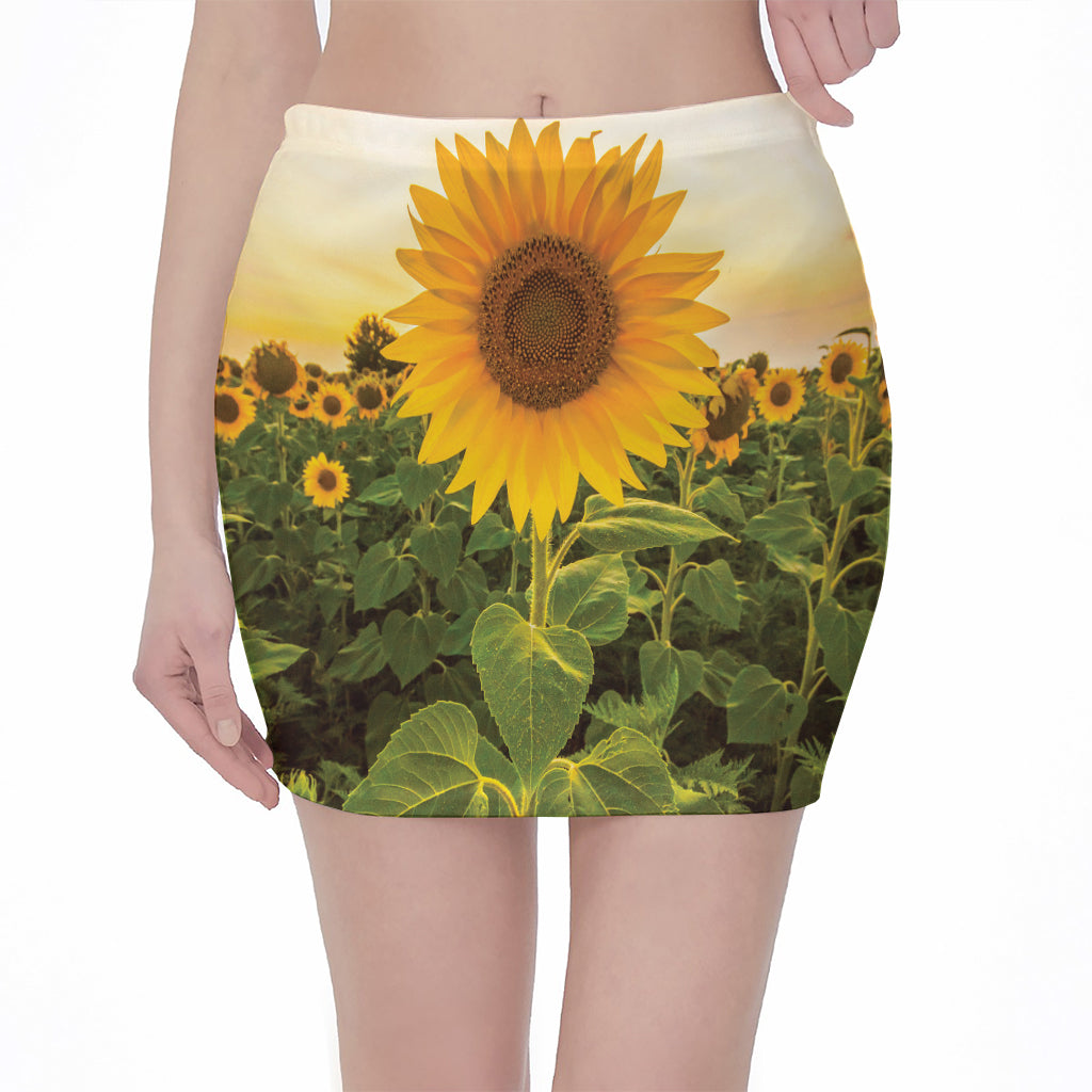 Sunflower Landscape Print Pencil Mini Skirt