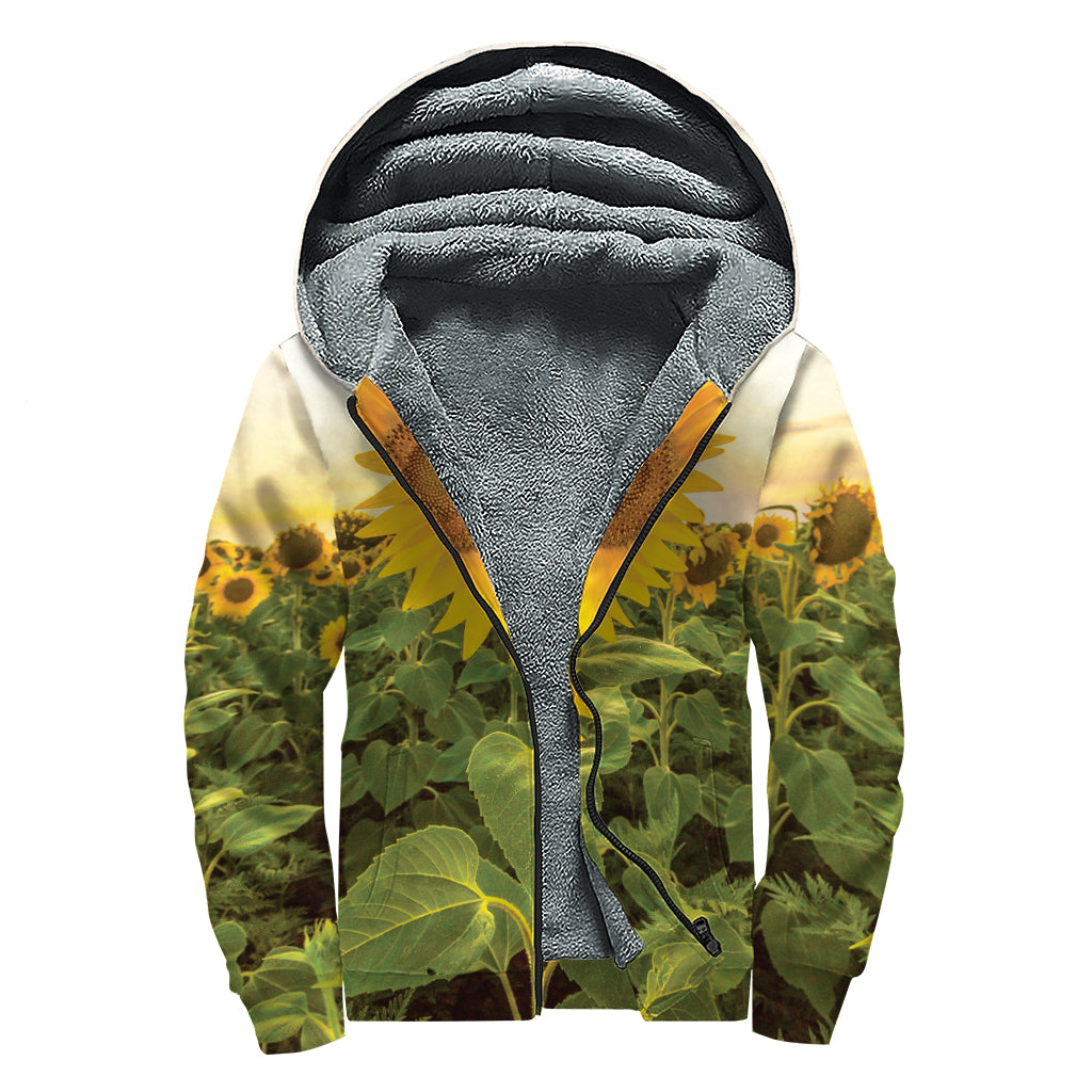 Sunflower Landscape Print Sherpa Lined Zip Up Hoodie