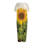 Sunflower Landscape Print Short Sleeve Long Nightdress