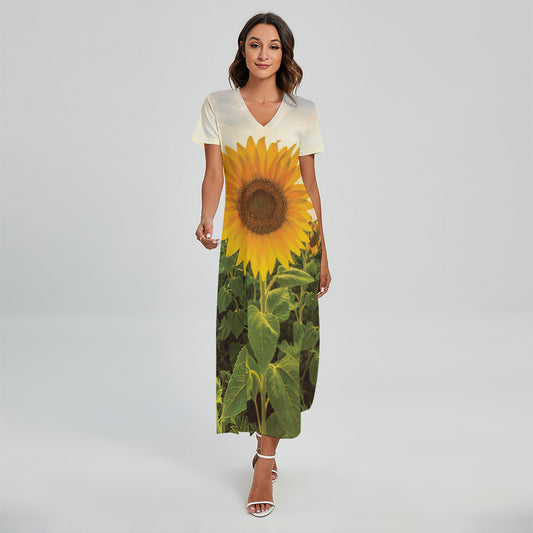 Sunflower Landscape Print Short Sleeve Maxi Dress