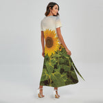 Sunflower Landscape Print Short Sleeve Maxi Dress
