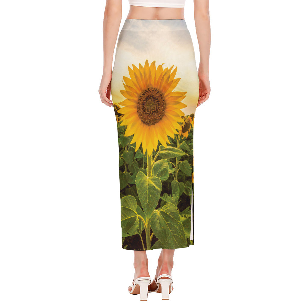 Sunflower Landscape Print Side Slit Maxi Skirt